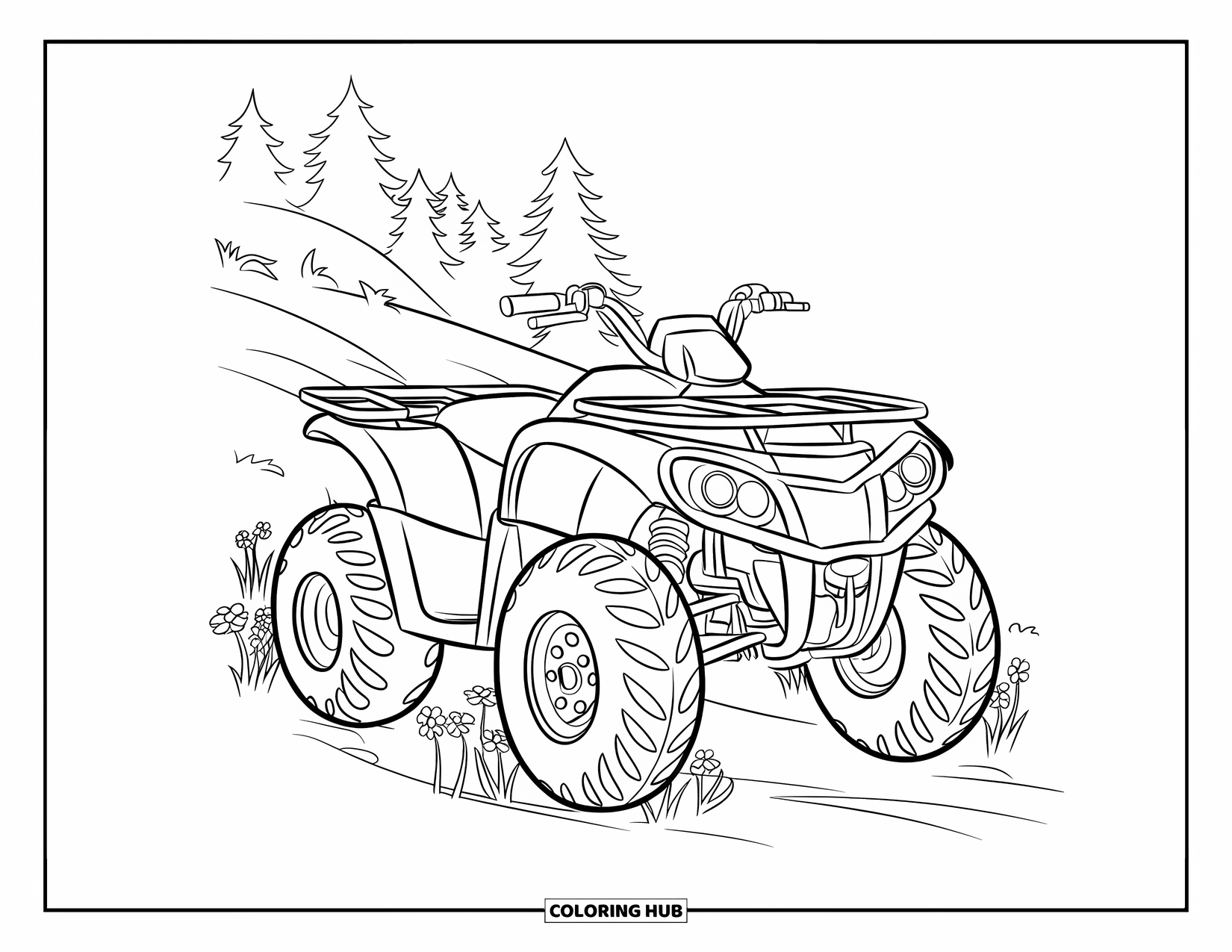 Atv Coloring Page for Kids: An ATV rests on a hillside surrounded by pine trees and wildflowers