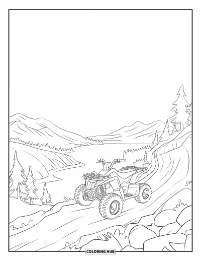 Coloriage de quad pour enfants : Un quad emprunte un sentier rocheux en falaise avec vue sur les montagnes et l'eau