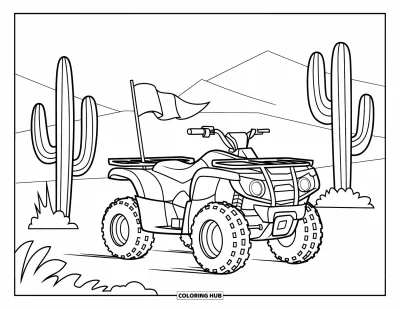 Coloriage de quad pour enfants : Un quad longe des cactus sur un sentier désertique ensoleillé