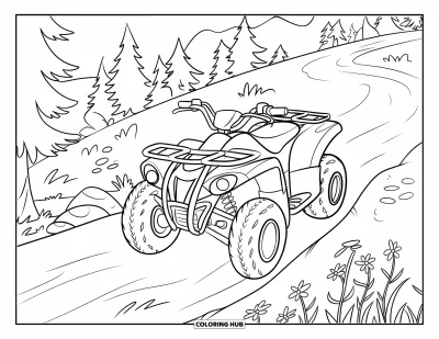 Coloriage de quad pour enfants : Un quad est posé près de rochers et de fleurs sur un flanc de colline boisé