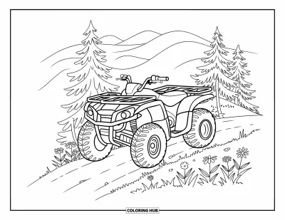 Coloriage de quad pour enfants : Un quad se dresse sur un chemin de terre sous de grands pins avec une montagne en toile de fond