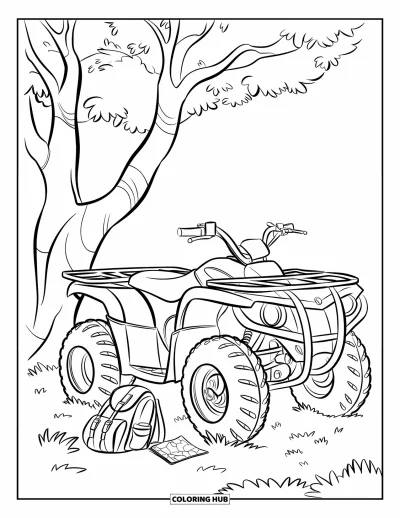 Coloriage de quad pour enfants : Un quad est posé sous un arbre avec de l'herbe et une petite carte à côté