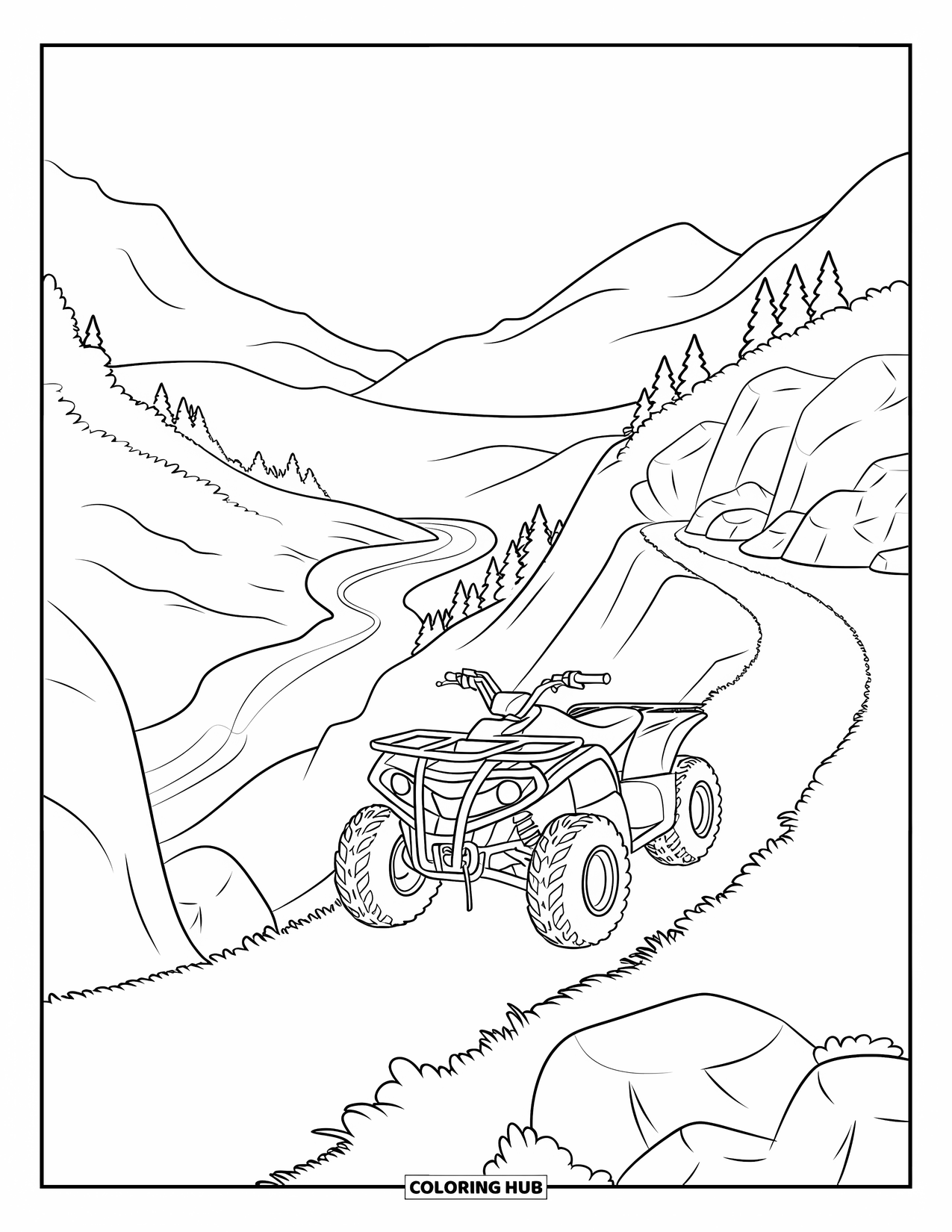 Atv Coloring Page for Kids: An ATV travels a rocky trail above a river and forest valley