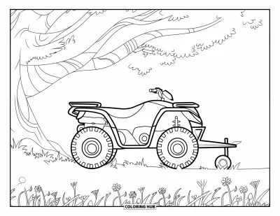 Coloriage de quad pour enfants : Un quad avec une remorque est garé sous un arbre dans une prairie fleurie