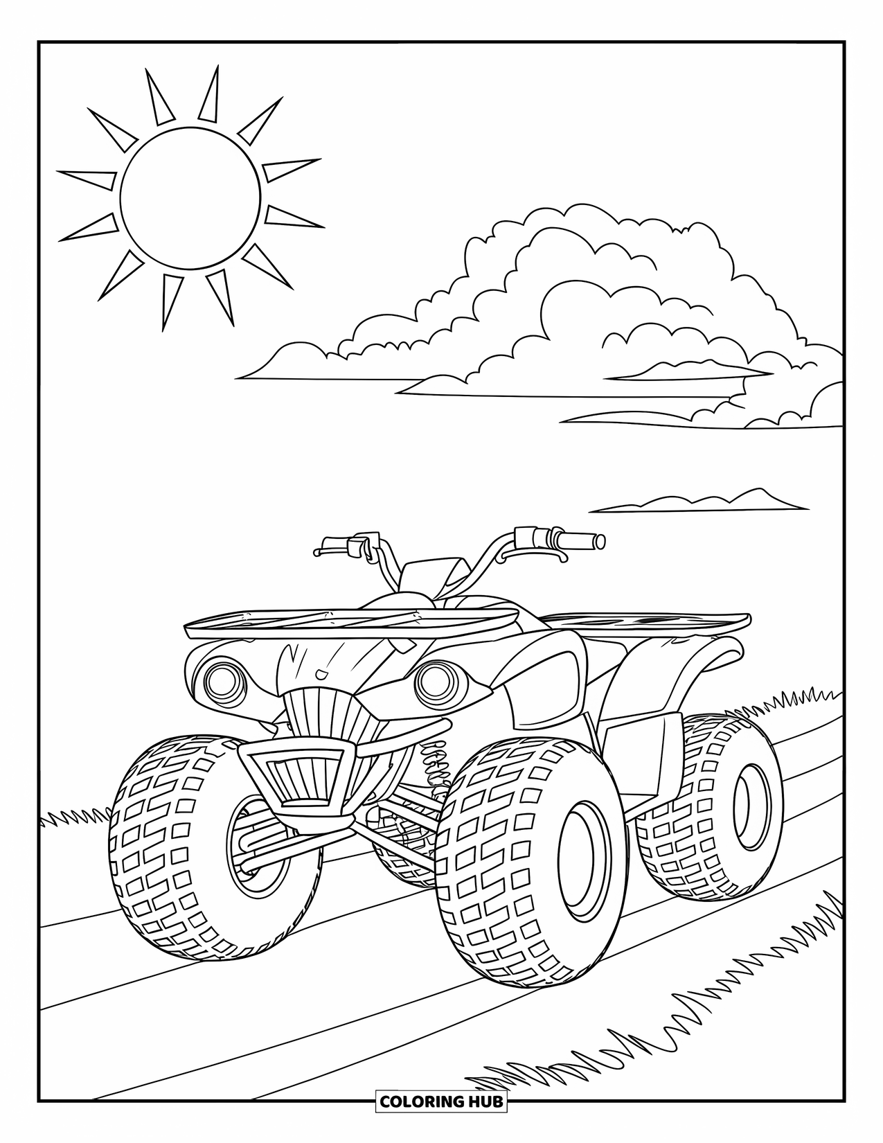 Atv Coloring Page for Kids: An ATV with giant tires sits on a sunny trail in a wide field