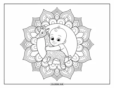 Coloriage de bébé garçon pour adultes : Un bébé câline une peluche girafe à l'intérieur d'un mandala lotus aux doux motifs apaisants