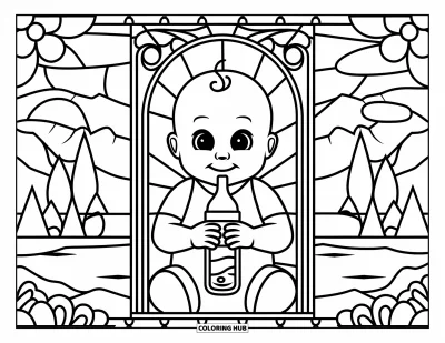 Coloriage de bébé garçon pour adultes : Un bébé boit tranquillement dans un cadre en vitrail sur fond de scène extérieure paisible