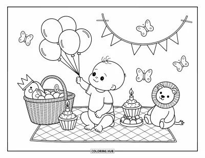 Coloriage de bébé garçon pour adultes : Un bébé profite d'un pique-nique ensoleillé avec des ballons, des peluches et un cupcake