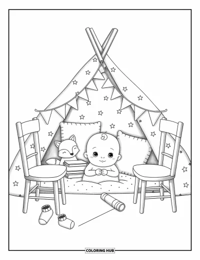 Coloriage de bébé garçon pour adultes : Un bébé rigole dans une cabane en couvertures entourée de jouets, de coussins et d'une lumière tamisée
