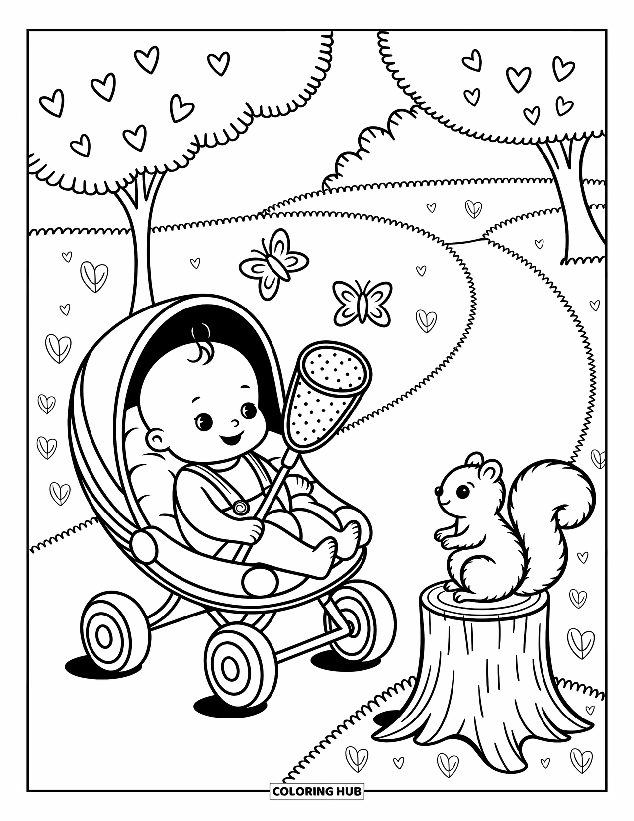 Baby Boy Coloring Page for Adults: A baby holds a butterfly net while two butterflies flutter near his stroller