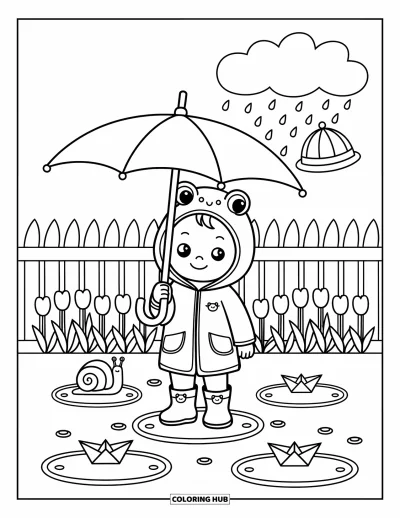 Coloriage de bébé garçon pour adultes : Un bébé en imperméable grenouille se tient dans des flaques sous un parapluie courbé