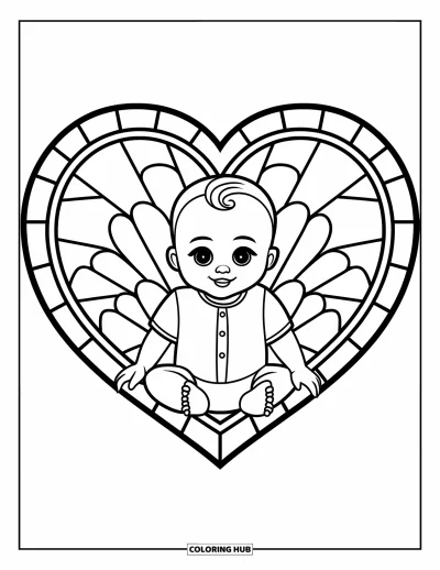 Coloriage de bébé garçon pour adultes : Un bébé en grenouillère repose à l'intérieur d'un cadre en vitrail en forme de cœur