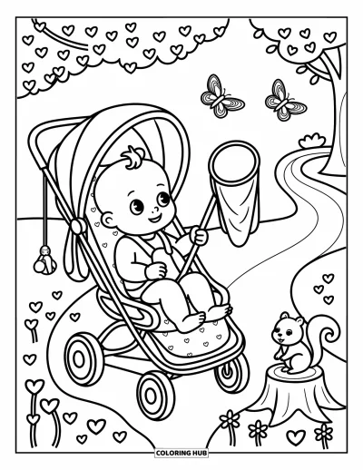 Coloriage de bébé garçon pour adultes : Un bébé en poussette observe des papillons près d'un sentier fleuri avec un écureuil