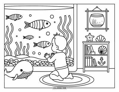 Coloriage de bébé garçon pour adultes : Un bébé se penche vers un aquarium, fasciné par les poissons et les algues qui se balancent