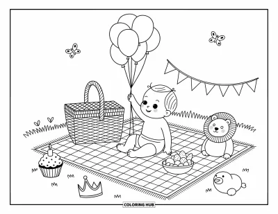Coloriage de bébé garçon pour adultes : Un bébé sur un édredon tend les bras vers des ballons à côté de jouets, de friandises et d'une couronne