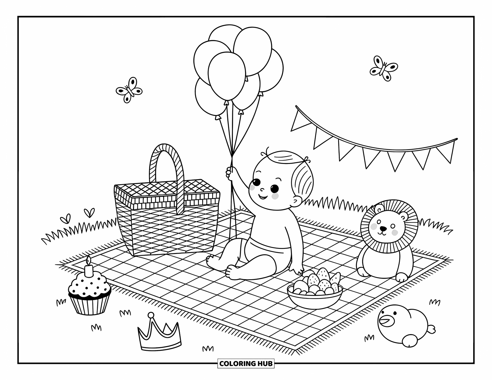 Baby Boy Coloring Page for Adults: A baby on a quilt reaches for balloons beside toys, treats, and a crown