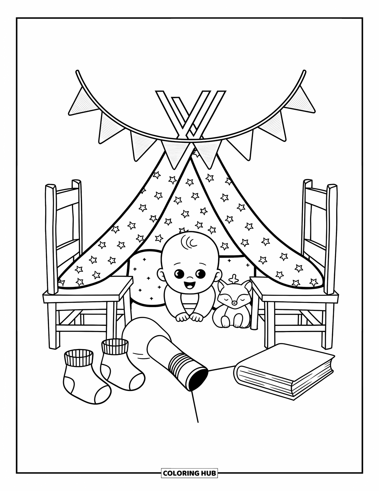 Baby Boy Coloring Page for Adults: A baby peeks from a pillow fort with a flashlight, socks, and plush fox nearby