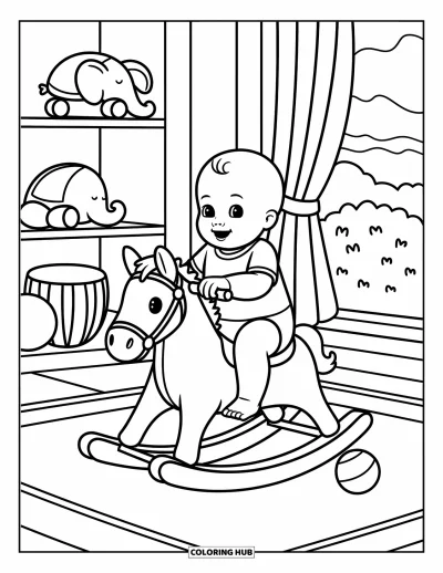 Coloriage de bébé garçon pour adultes : Un bébé chevauche un cheval en bois près de peluches, d'une balle et d'une fenêtre ouverte