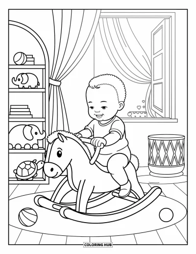 Coloriage de bébé garçon pour adultes : Un bébé chevauche un cheval à bascule en bois, avec des jouets et de la lumière du soleil qui remplissent la pièce