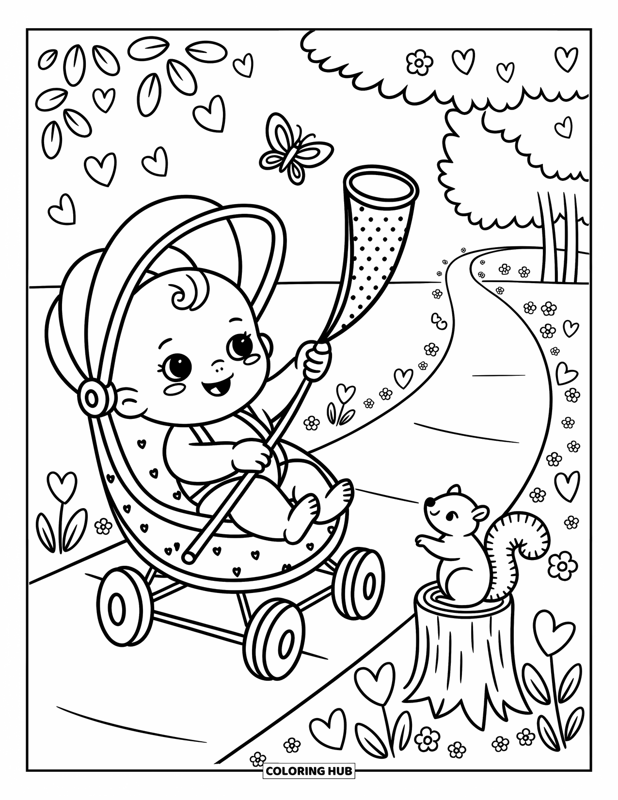 Baby Boy Coloring Page for Adults: A baby rides in a stroller, blanket tucked in, spotting butterflies and a curious squirrel