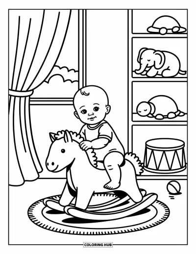 Coloriage de bébé garçon pour adultes : Un bébé se berce doucement sur un cheval jouet avec des animaux en peluche qui le regardent
