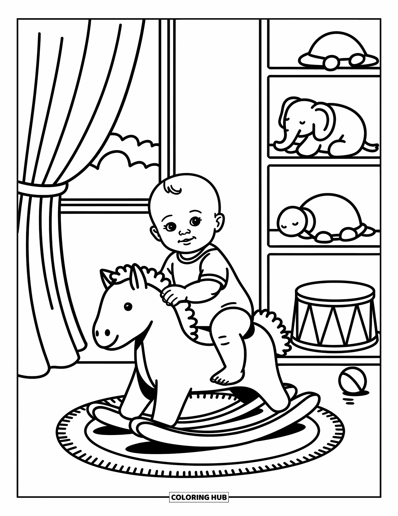 Baby Boy Coloring Page for Adults: A baby rocks gently on a toy horse with plush animals watching nearby