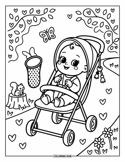Coloriage de bébé garçon pour adultes : Un bébé assis dans sa poussette sourit aux papillons sur un chemin bordé de fleurs