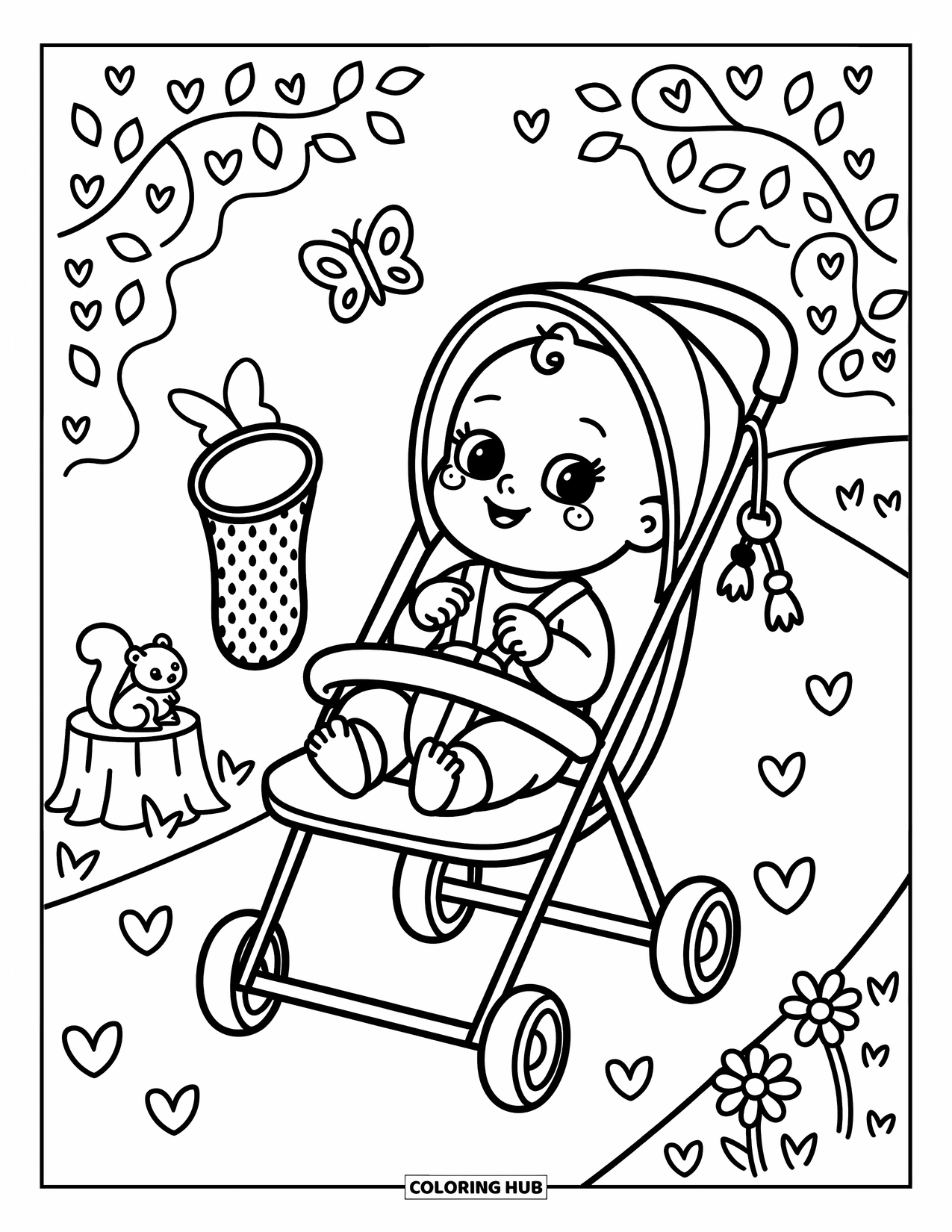 Baby Boy Coloring Page for Adults: A baby sits in a stroller, smiling up at butterflies on a flower-lined path