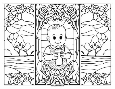 Coloriage de bébé garçon pour adultes : Un bébé assis sereinement avec son biberon, entouré de vitraux et d'un panorama de montagnes