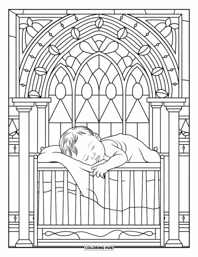 Coloriage de bébé garçon pour adultes : Un bébé dort dans un berceau sous une arche en vitrail aux motifs floraux