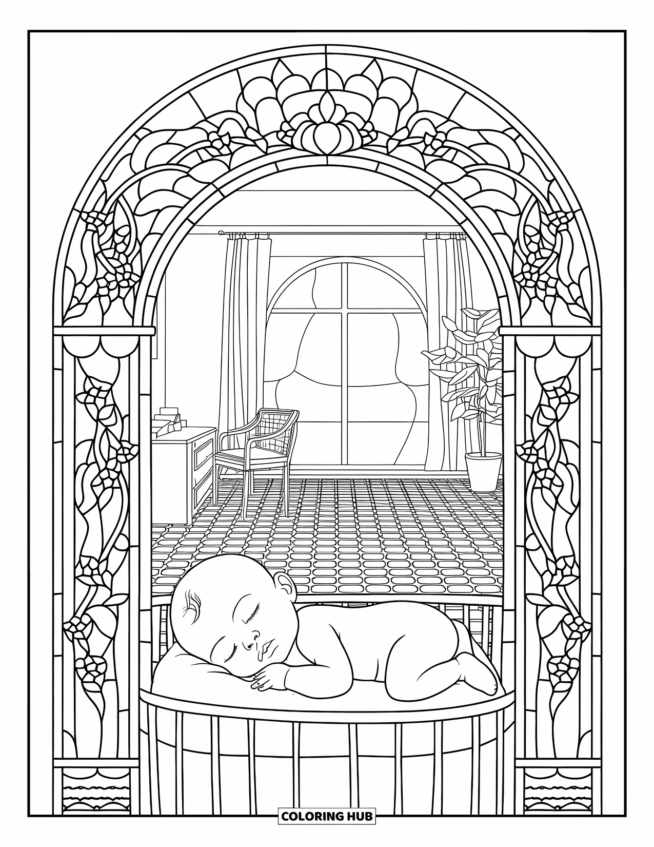 Baby Boy Coloring Page for Adults: A baby sleeps under an arched stained glass frame in a cozy, patterned room