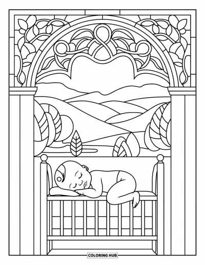 Coloriage de bébé garçon pour adultes : Un bébé somnole dans un berceau sous une arche en vitrail avec des collines et de l'eau au loin