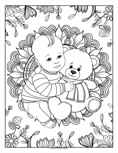 Coloriage de bébé garçon pour adultes : Un bébé câline un ours en peluche devant un mandala floral aux petits motifs minutieux