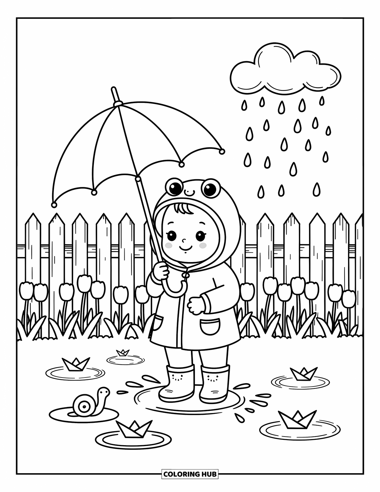 Baby Boy Coloring Page for Adults: A baby stands in rain boots by puddles and tulips with a smiling umbrella