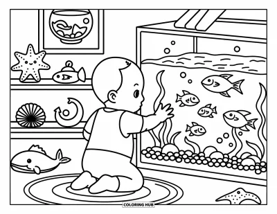 Coloriage de bébé garçon pour adultes : Un bébé observe des poissons dans un aquarium, avec des jouets sur le thème de la mer éparpillés à proximité