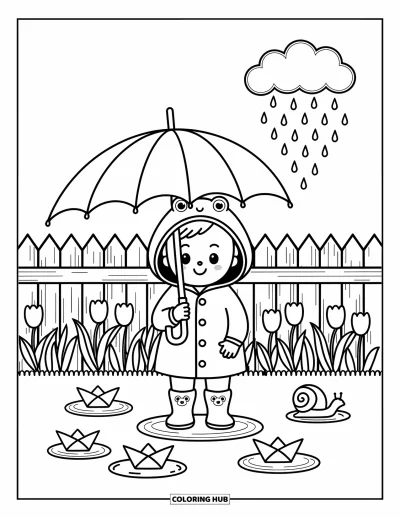 Coloriage de bébé garçon pour adultes : Un bébé regarde tomber les gouttes de pluie, entouré de flaques, de tulipes et de petits bateaux en papier