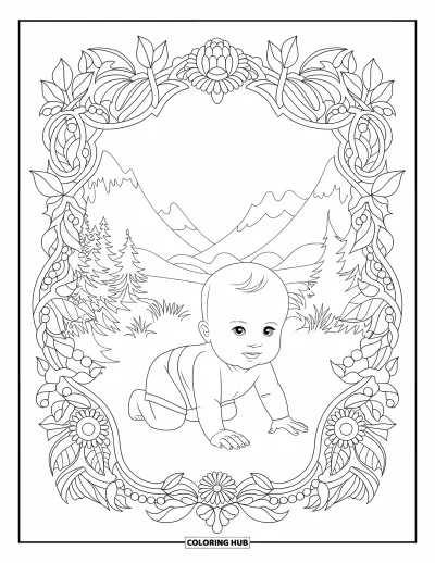 Coloriage de bébé garçon pour adultes : Un bébé qui rampe explore l'intérieur d'un délicat encadrement floral et végétal