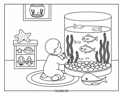 Coloriage de bébé garçon pour adultes : Un bébé curieux observe un aquarium, entouré de jouets et de décorations marines