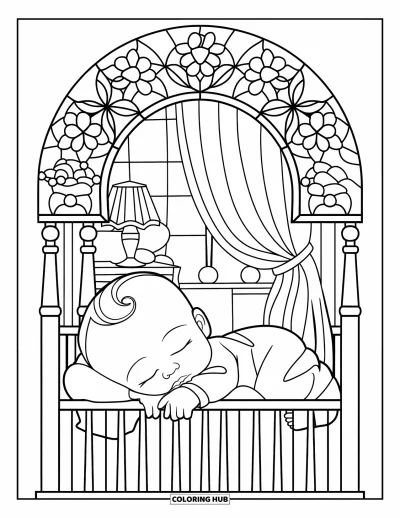 Coloriage de bébé garçon pour adultes : Un bébé endormi repose paisiblement sous une arche en vitrail aux détails floraux