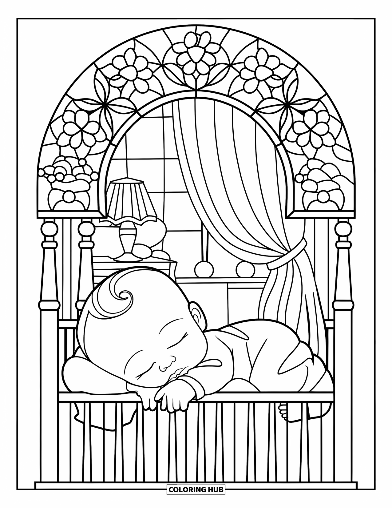 Baby Boy Coloring Page for Adults: A sleeping baby rests peacefully beneath a stained glass arch with floral details