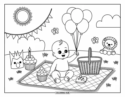Coloriage de bébé garçon pour adultes : Un bébé souriant tend la main vers des ballons lors d'un pique-nique à côté d'un cupcake et de peluches