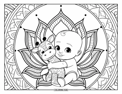 Coloriage de bébé garçon pour adultes : Un adorable bébé serre dans ses bras une peluche girafe à l'intérieur d'un apaisant mandala en fleur de lotus