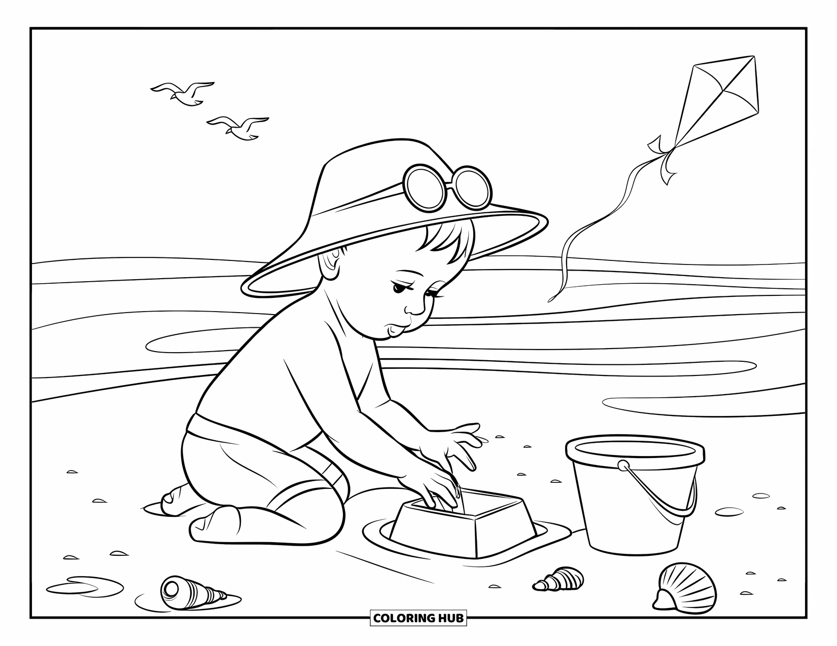 Baby Boy Coloring Page for Kids: A baby builds a sandcastle at the beach with a kite and seagulls nearby