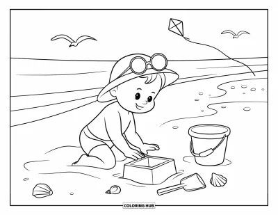 Coloriage de bébé garçon pour enfants : Un bébé construit un château de sable entouré de coquillages, d'un cerf-volant et de douces vagues