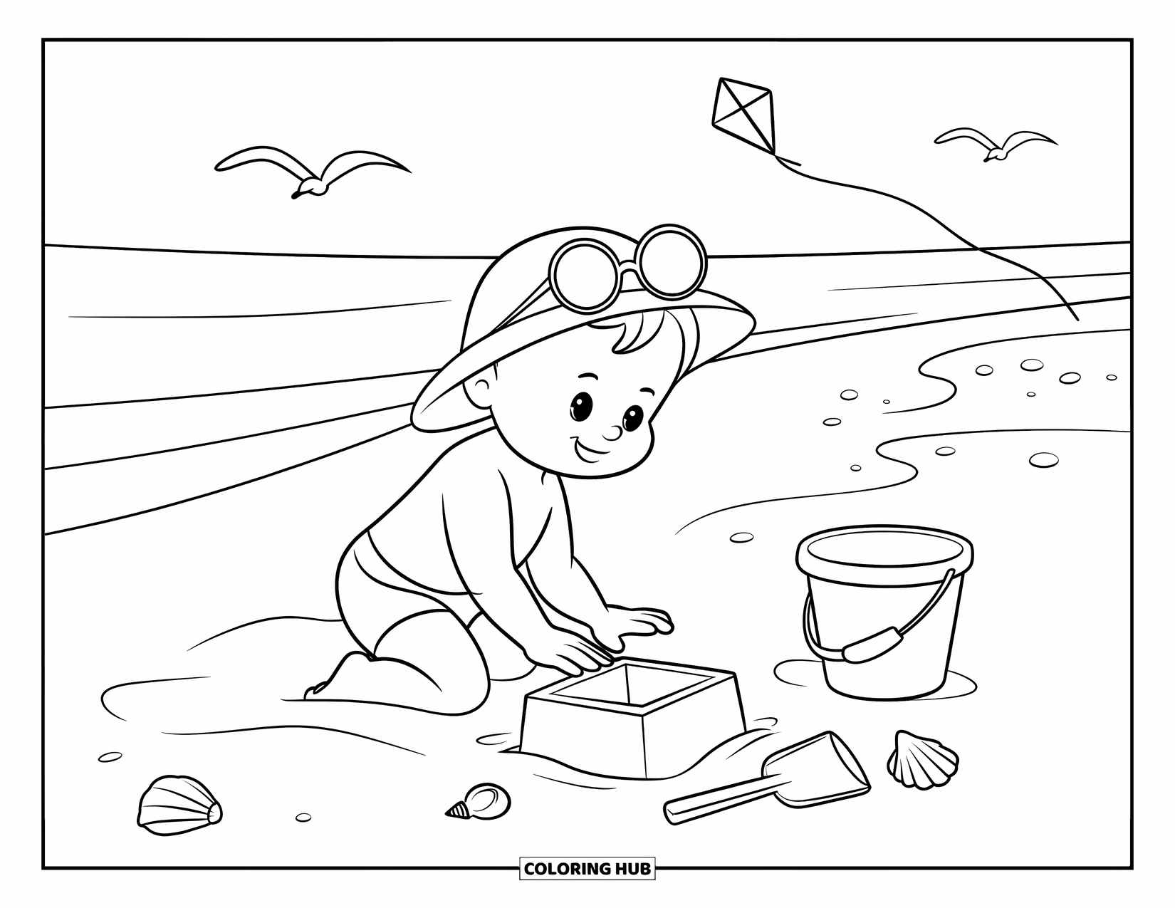 Baby Boy Coloring Page for Kids: A baby builds a sandcastle, surrounded by seashells, a kite, and soft rolling waves
