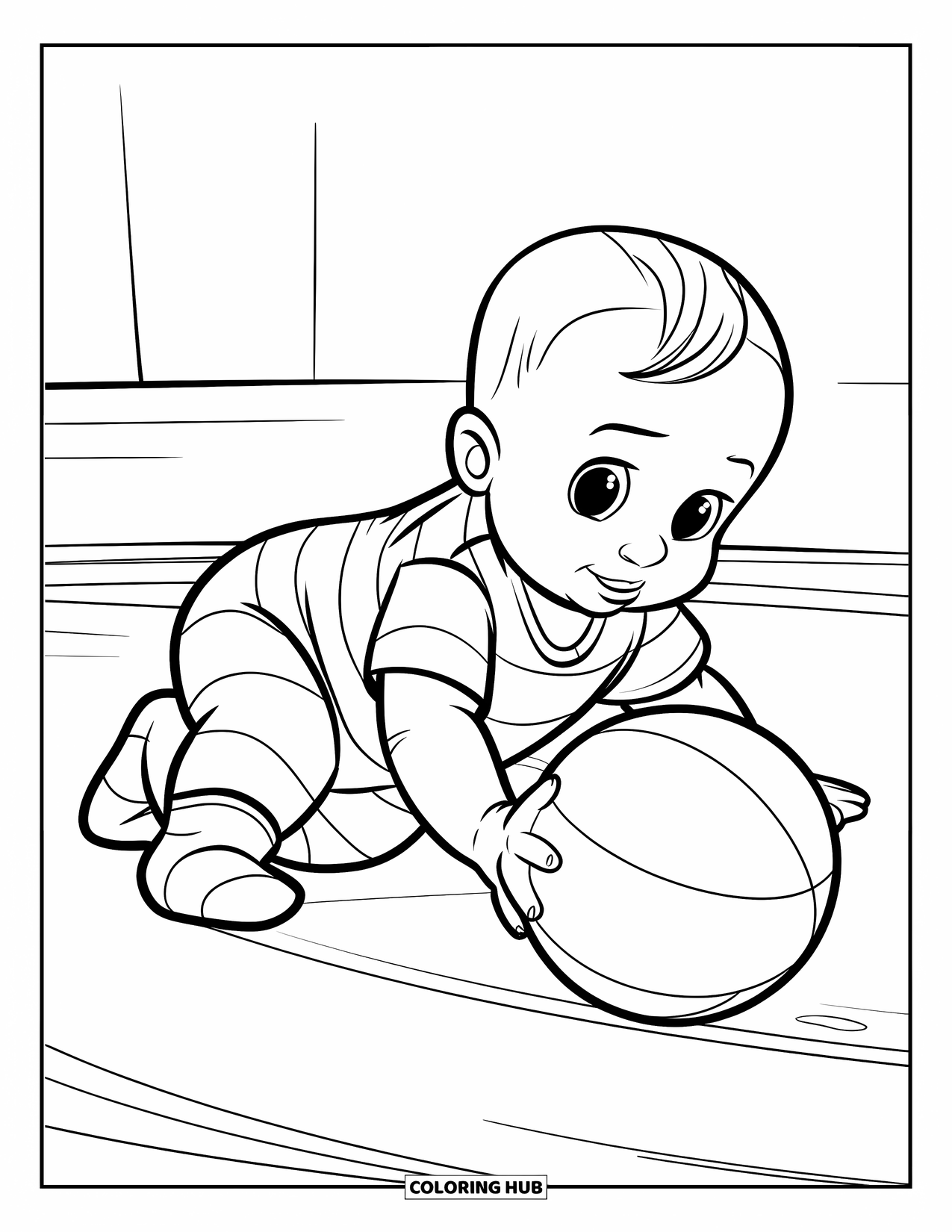 Baby Boy Coloring Page for Kids: A baby crawls across the room, gripping a ball with chubby little hands