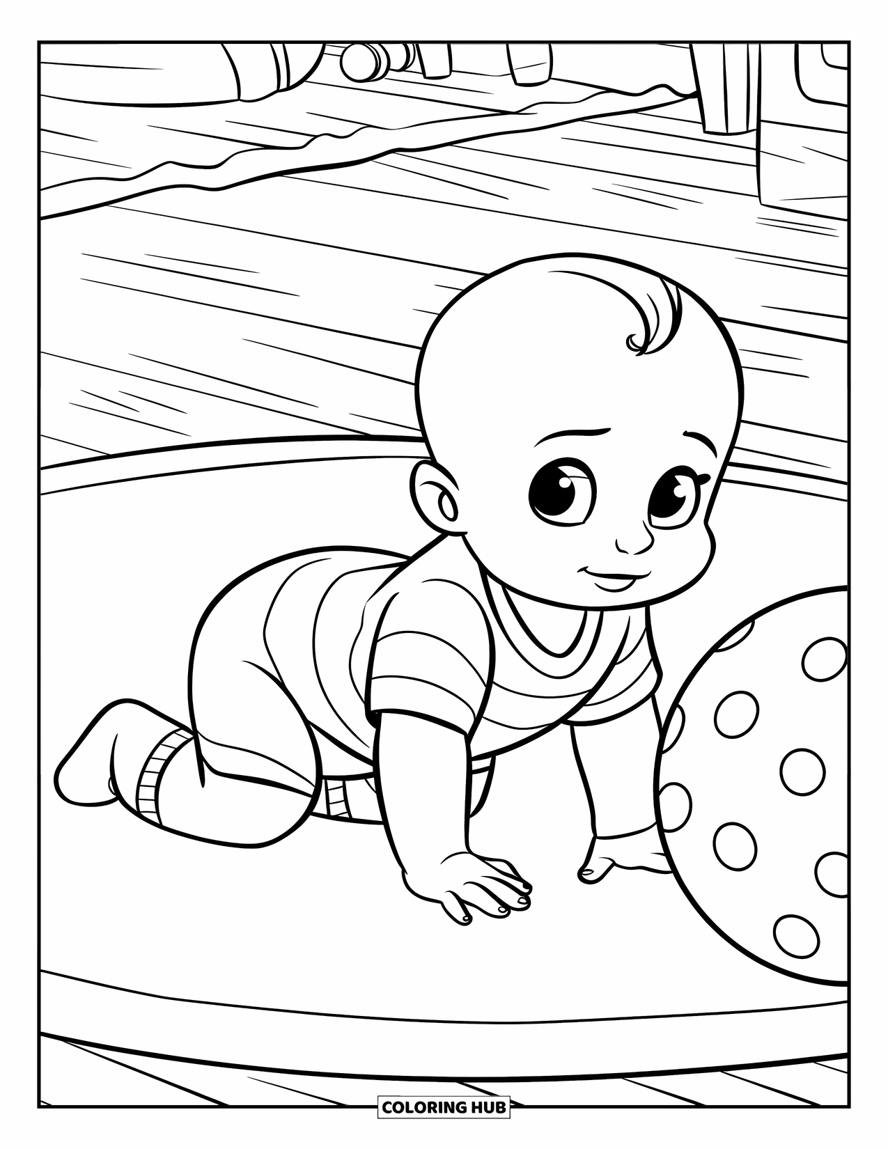 Baby Boy Coloring Page for Kids: A baby crawls on the floor next to a ball in a toy-filled playroom