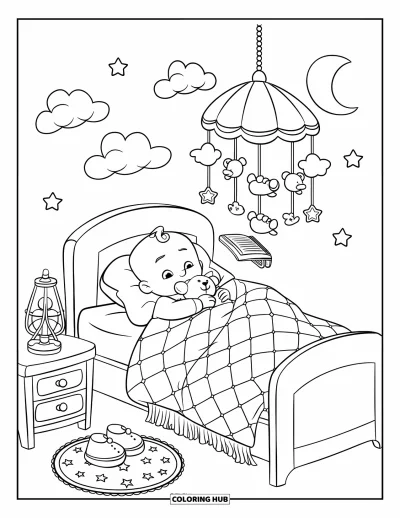 Coloriage de bébé garçon pour enfants : Un bébé câline un ours en peluche dans son lit sous un mobile de nuages et d'étoiles