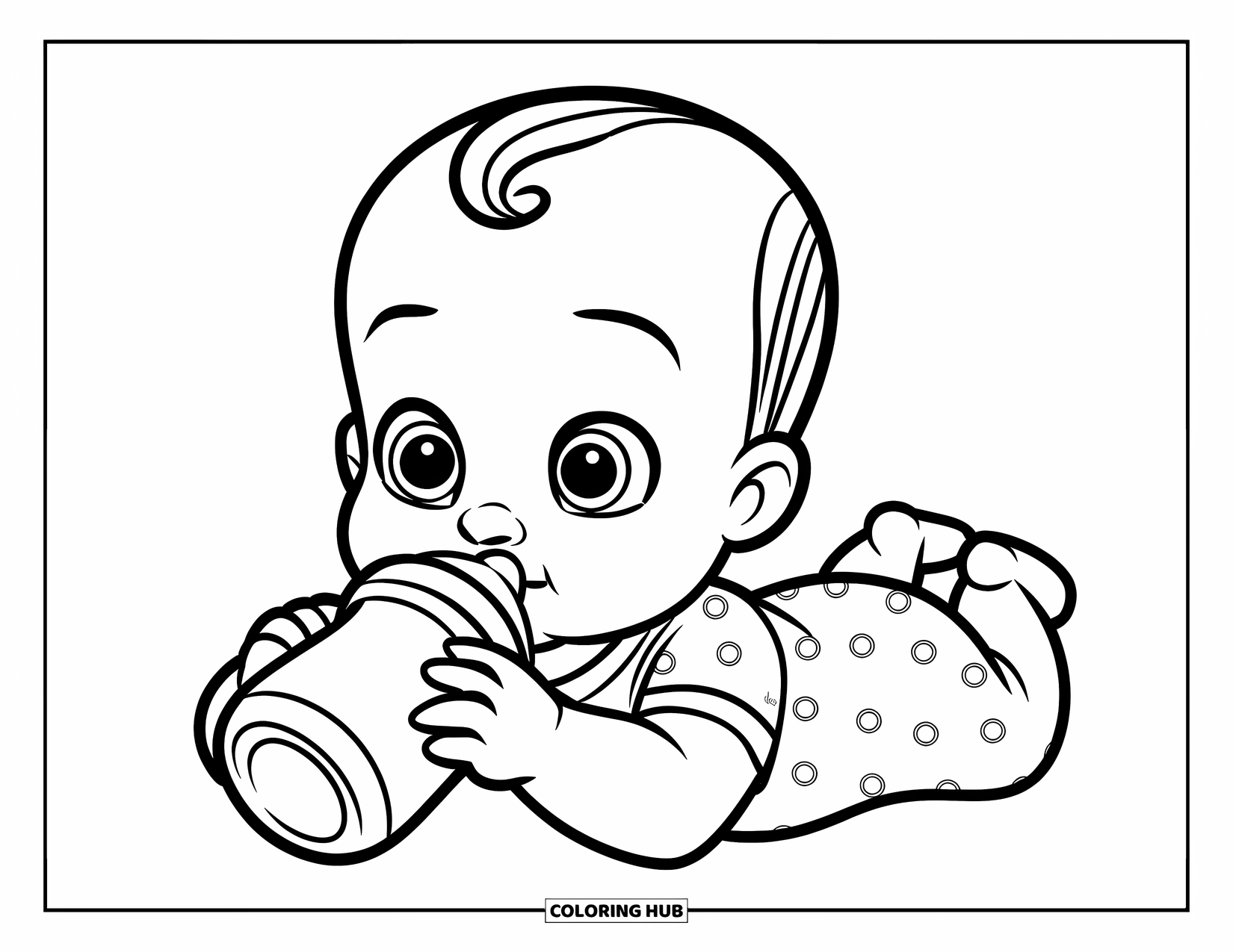 Baby Boy Coloring Page for Kids: A baby drinks from his bottle while resting in a soft room with simple decor