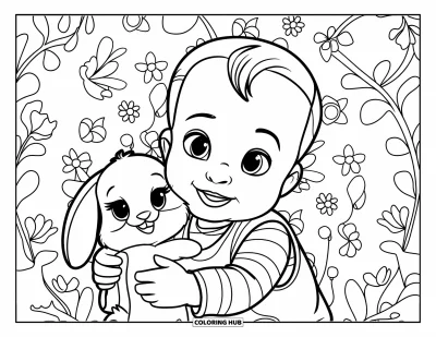 Coloriage de bébé garçon pour enfants : Un bébé serre dans ses bras une peluche lapin en souriant devant un fond à motifs